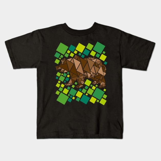 Geometric Bear Design in Shades of Brown and Green Kids T-Shirt by ArtMichalS